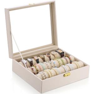 Nosiny Bracelet Display Holder with 3 Removable Rolls Bangle Organizer Display Clear Lid Bracelet Organizer Box Jewelry Storage Case for Women Retail Bracelets Watch Stores(Beige,PU Leather)