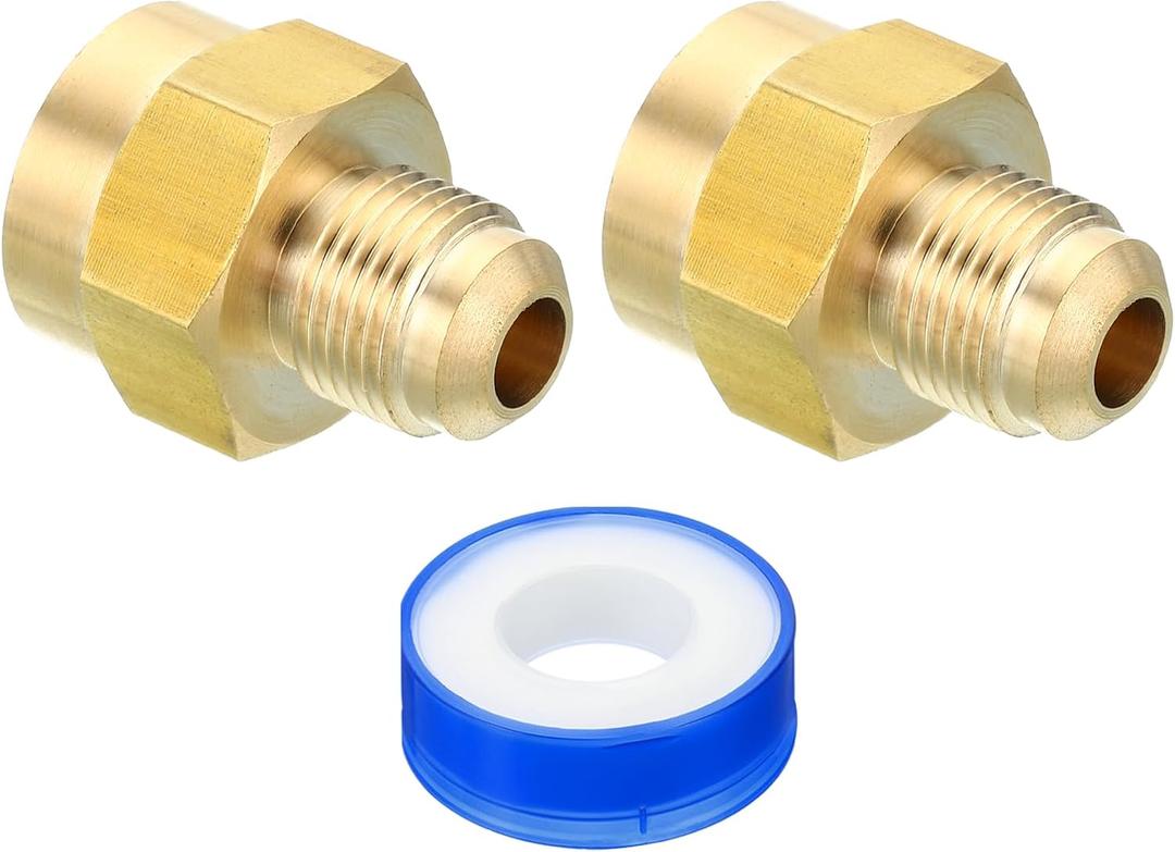 PATIKIL Brass Flare Tube Fitting, 2pcs Union Coupling Gas Adaptor 3/8" SAE 45 Flare Male to 1/2" NPT Female Pipe Connector Adapters with PTFE Tape for Refrigeration Gas System (3/8" Flared to 1/2" NPT)