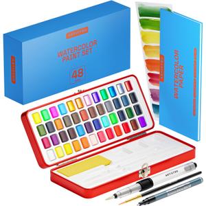 ARTISTRO Watercolor Paint Set 48 Colours in Portable Box, Includes Metallic and Fluorescent Paints, 2 x Brushes, Watercolour Paper, Acrylic Markers, Travel Set for Artist and Beginners