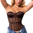 Kaei&Shi Strapless Sheer Mesh Corset, Push Up Shapewear Corsets Top For Women Lace Up Fit Size 4-6 (Brown)