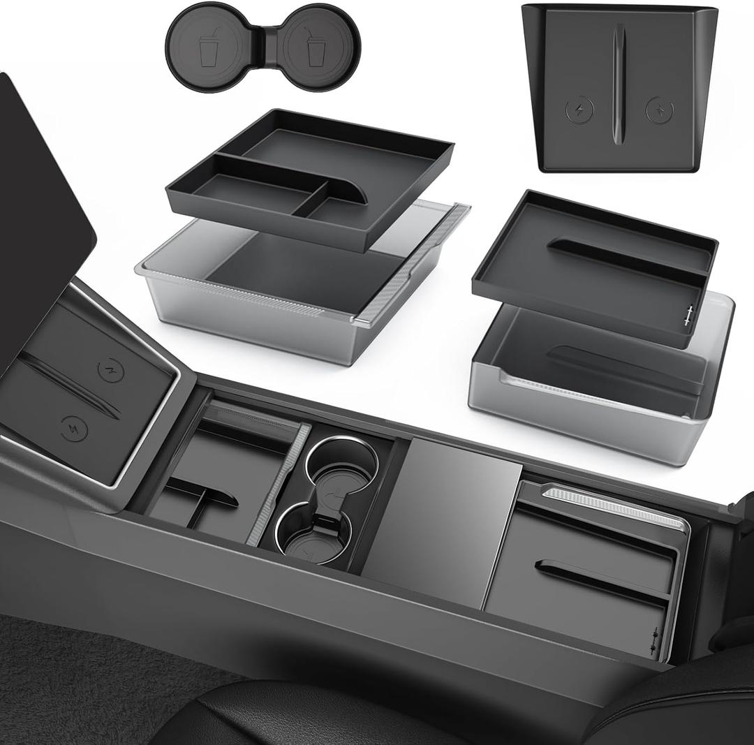 Center Console Organizer for Tesla Model Y Juniper Accessories 2025 2026 & Tesla Model 3 Highland Accessories [Durable PC + Silent Silicone Liner] Armrest Storage Tray Wireless Charging Pad Cup Holder