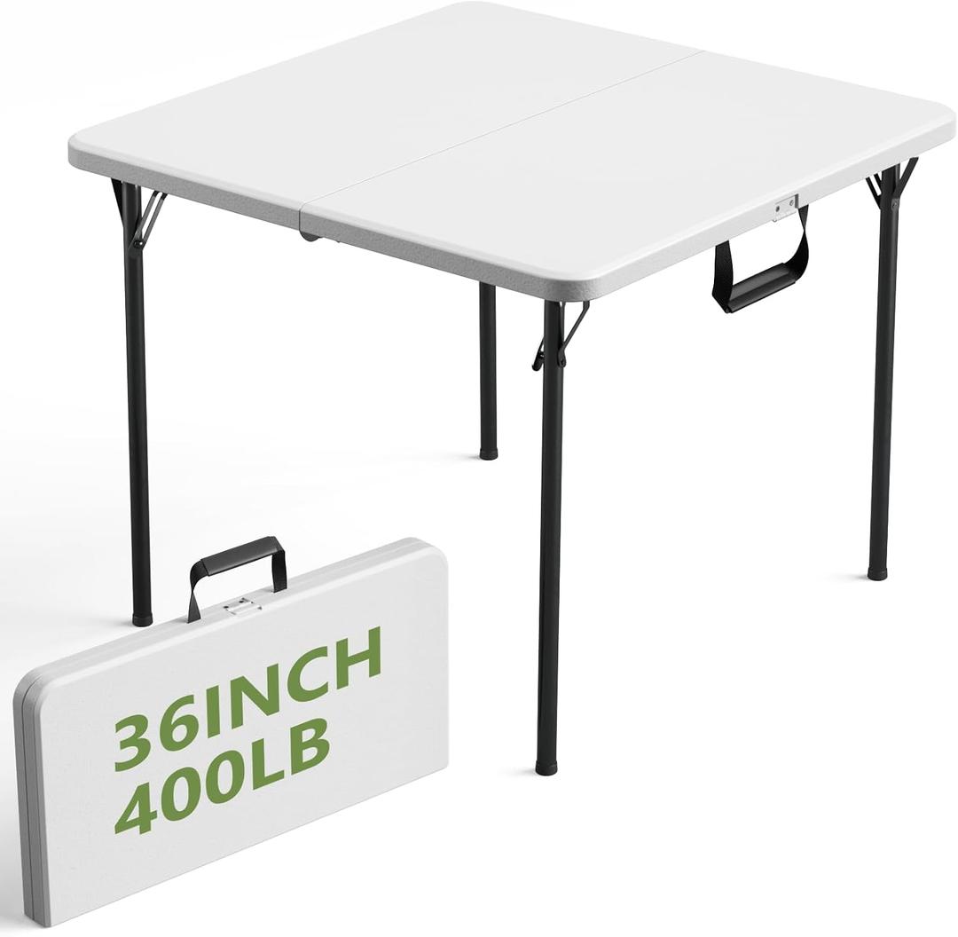 36" Folding Table, Portable Square Folding Card Table with Carrying Handle, Heavy Duty Plastic Foldable Event Table for Camping, Picnic, Party, Crafting, Outdoor and Indoor Use, White, 36inch-1 Pack