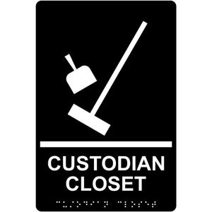 ComplianceSigns.com Custodian Closet Sign, ADA-Compliant Braille and Raised Letters, 9x6 in. White on Black Acrylic with Adhesive Mounting Strips