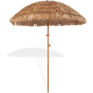6.5ft Hula Tahtched Tiki Patio Umbrella, Beach Umbrella Hawaiian Style with Hanging Hook and Tilt Design, 8 Ribs with Carry Bag for Outdoor Tiki Bar, Tropical Palapa, Garden, Pool, Natural