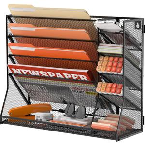 SUPEASY Wall File Organizer, 5-Tier Desk Organizer with 4 Pen Holders, Wall Organizer for Office with R-shaped Bottom Tray, Desk Organizers and Accessories for Office Supplies, Black