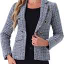 Allegra K Women's Elegant Plaid Jacket Long Sleeve Open Front Tweed Blazer X-Large Blue Black