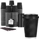 Lamosi 12 oz Disposable Coffee Cups with Lids, 500 Pack Insulated Hot Cups To Go Paper Coffee Cups with Lids and Straws, Corrugated Ripple Wall Cup for Hot Drink, Office, Coffee Bar (Black)