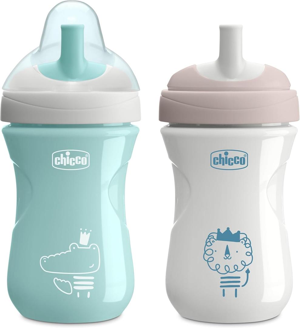 Chicco Sport Spout Sippy Cup 9+ Months, 9oz Toddler Training Cup with Bite-Resistant No-Spill Spout, Easy Grip, BPA-Free, 2-Pack, Sage/Grey