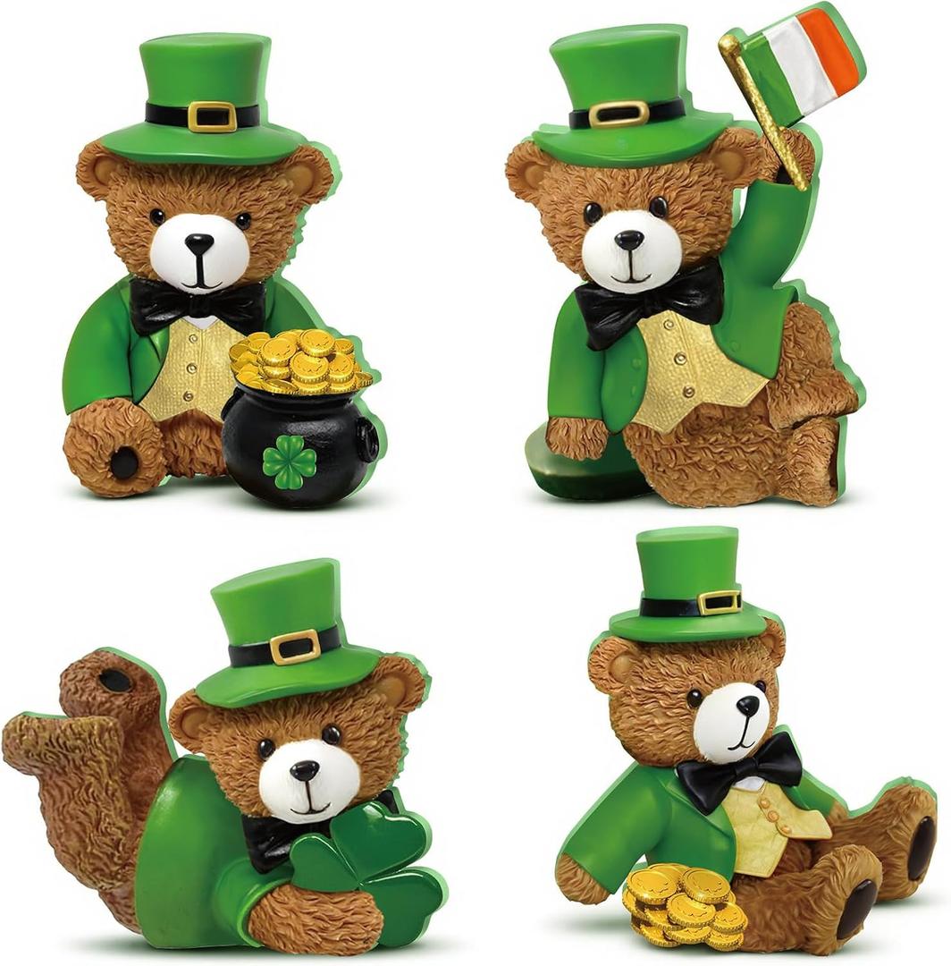 4 Pcs St Patrick's Day Bear Figurines Table Decorations Wooden Teddy Bears Statue Decor Holiday Patty's Leprechaun Tabletop for St. Patrick's Day Office Desk Mantle Home Party Supplies