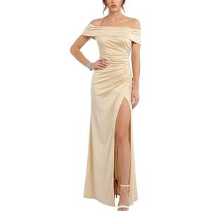 ZAFUL SPORTS Women's Sexy Silky Satin Off The Shoulder Ruched Slit Bodycon Maxi Dress for Prom Wedding Guest, Golden, S