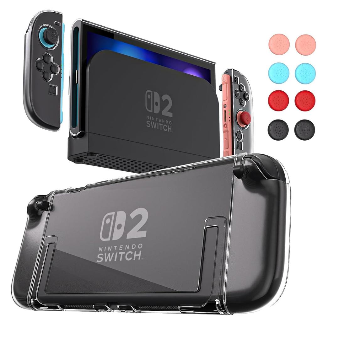Switch 2 Dockable Case with Screen Protector - Clear Hard Shell Cover with Joy-Con Grip TPU, Thumb Caps - Protective Accessories Kit for Nintendo Switch 2 Console & Dock