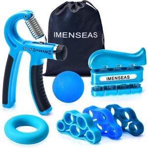 Grip Strength Trainer 7 Pack Adjustable, Finger Stretcher Resistance Extensor Bands, Finger Exerciser, Hand Gripper Strength Ring & Stress Ball (Blue)