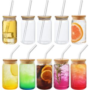 Haundry 10 pack Beer Glass Cups with Bamboo Lids and Straws, 16oz Can Glasses Drinking Glasses Set of 10, Glass Tumbler Cups for Iced Coffee, Beer, Soda, Tea, Smoothies