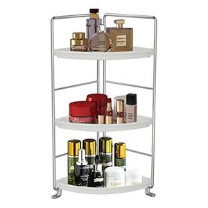 Sekepingo 3-Tier Corner Bathroom Counter Shelf Stackable Perfume Storage Holder Makeup Countertop Organizer Standing Vanity Tray Kitchen Spice Rack,White and Silver