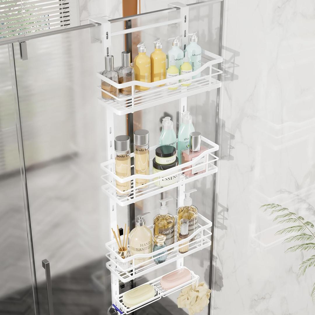SWTYMIKI Over the Door Shower Caddy - 4 Tier Adjustable Shower Organizer Hanging with Soap Holder, No Drilling Stainless Steel Bathroom Rack Hanging for Body Wash, Shampoo, Soap, Razor, White