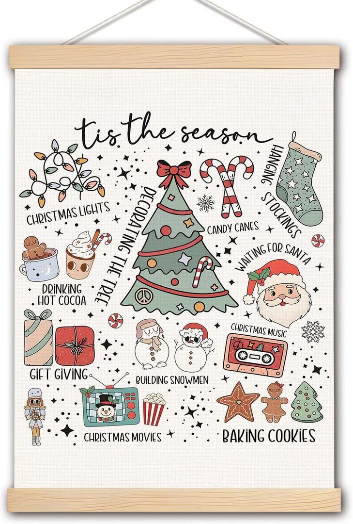 DNEULYR Trendy Christmas Tree Wall Art Poster, Funky Christmas Wall Decor, Holiday Winter Xmas Tree Santa Snowman Gingerbread Poster Hanger Frame for Home Bedroom Living Room, 12x16 Inches (color5)