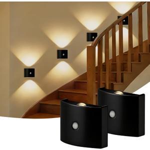2 Pack Motion Sensor Wall Light, Rechargeable Wall Sconce with 3 Color Temperatures and Brightness Adjustable, Wireless Magnetic Mount for Bedroom, Stair, Hallway, Closet (Black)