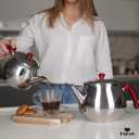 Hakan Teapot Set 107 Oz with Self Strainer Double Lids, Stainless Steel Maxi Double Bondy Tea Pot Set 3.2 L, 3.3-Quart, Turkish Samovar Style, Tea Kettle for Loose Leaf Tea with Red Bakelite Handle