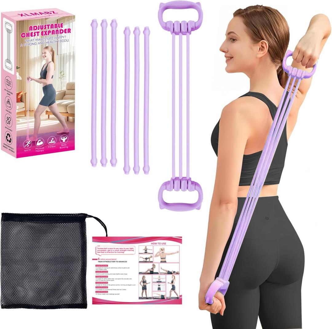 6 Gear Adjustable Resistance Bands, Fitness Resistance Bands Exercise Bands with Comfort Grips, Unisex, for Arms, Chest Extender, Home Workout, Fitness, Pilates (Purple)