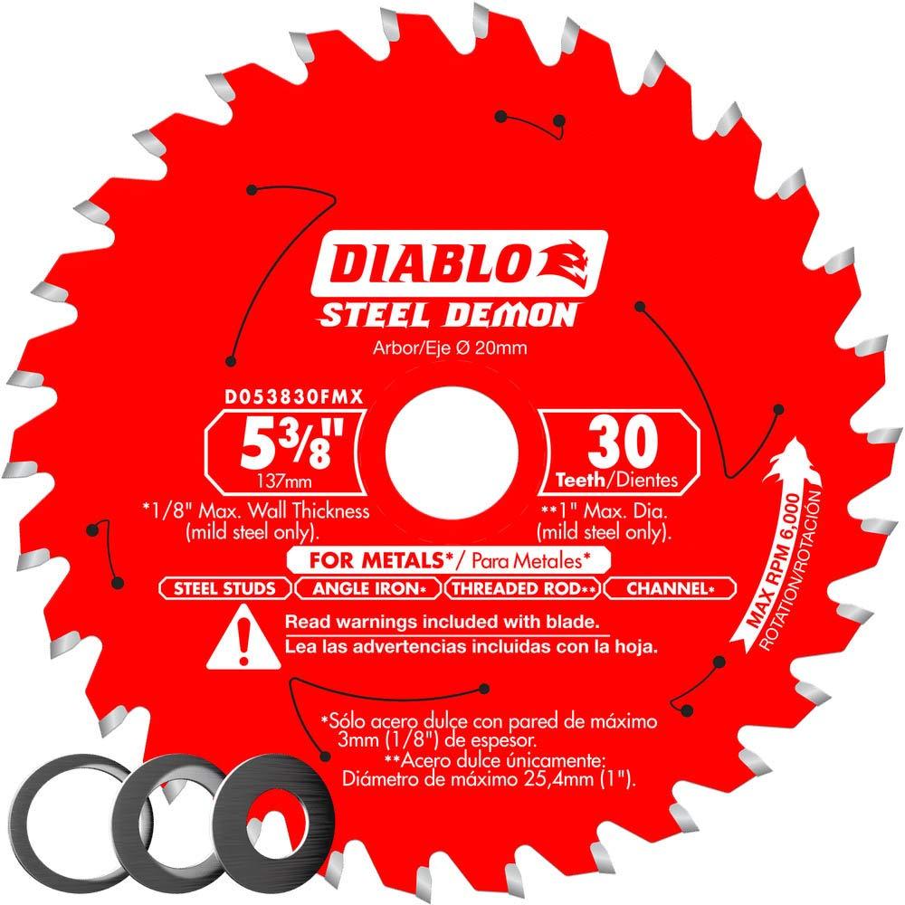 Diablo Steel Demon Carbide Saw Blade for Medium Metal - 5-3/8" x 30-Teeth, 20mm Arbor, .059" Kerf, 2 Hook Angle, .039" Plate, 6000 Max RPM - D053830FMX