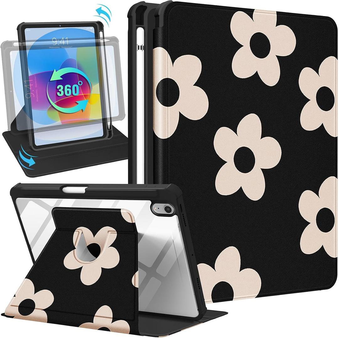Uppuppy for iPad Mini 7/6 Case - for iPad Mini 6th/7th Generation Cases Women Cute Folio Cover with Pencil Holder Girls Girly Black Flower Pretty Rotating Stand for Apple Mini 6/A17 Pro Case 8.3 Inch