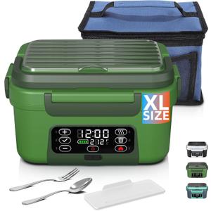 Cordless Electric Heated Lunch Box, XL 6.3Cups Rechargeable Food Warmer Lunch Box with Self Heating, Smart Timer, Adjustable Temperature, Leakproof, BPA Free, Removable Divider Green