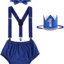 IBTOM CASTLE Baby Boy 1st Birthday Cake Smash Outfit Jungle Wild ONE Shorts+Suspenders+Bowtie+Crown 4pcs Set for Photo Shoot (Blue)