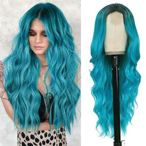 NAYOO Long Ombre Bluish Green Wavy Wig for Women 26 Inch Middle Part Curly Wavy Wig Natural Looking Synthetic Heat Resistant Fiber for Daily Party Use (Ombre Bluish Green)