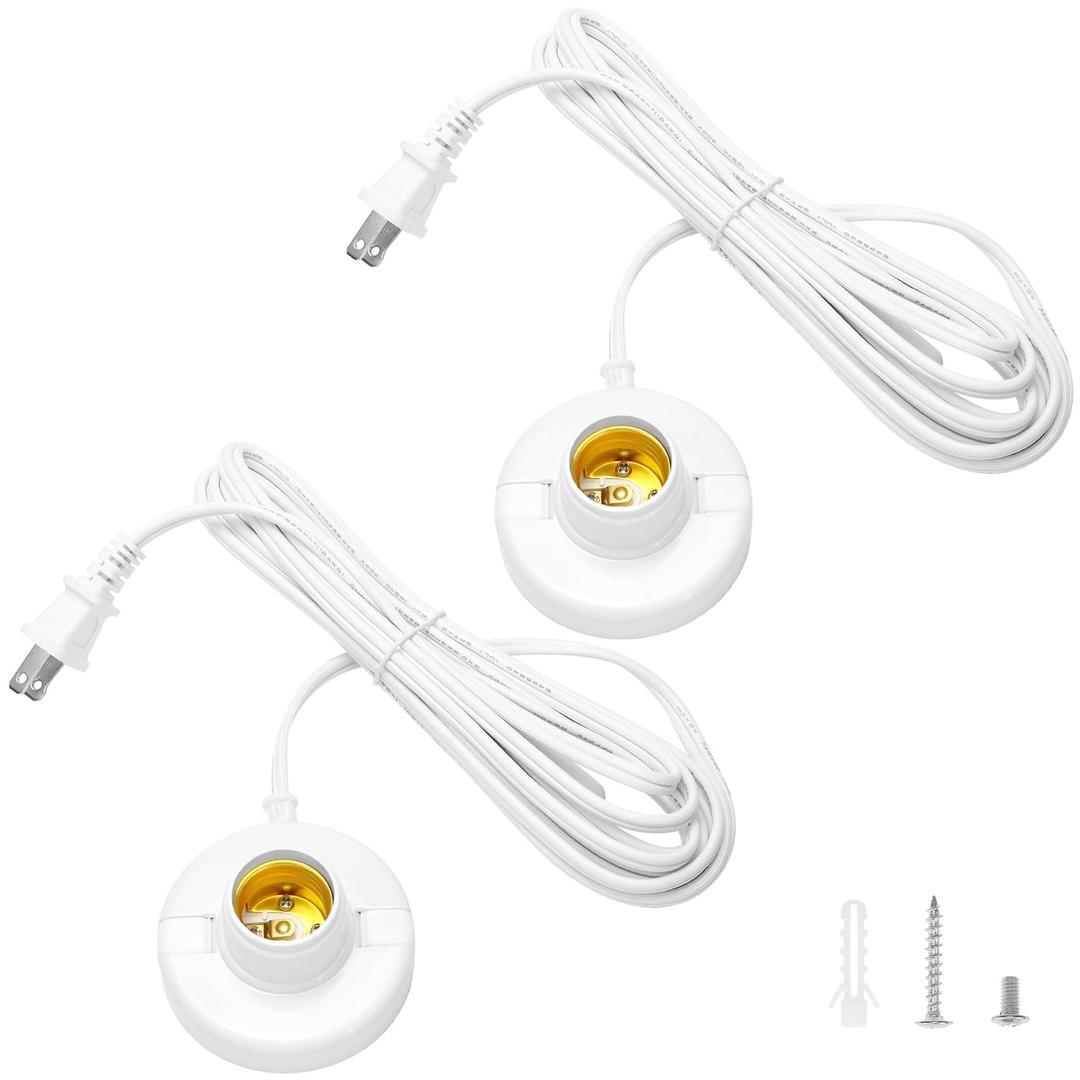 QWORK E26/ E27 Plug-in Lamp Holder with On/Off Switch | E26 Screw Light Bulb Socket | 15ft Extension Cord | All-Copper Inner Ring | 60W Max | 2-Pack