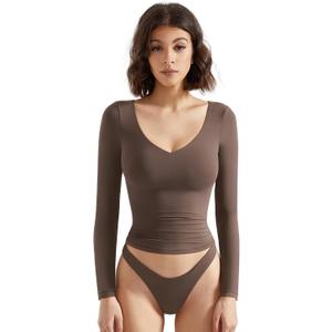 SUUKSESS Women Double Lined Casual V Neck Crop Tank Tops Basic Long Sleeve Shirts (X-Small, 05 Brown) SUUKSESS Women Double Lined Casual V Neck Crop Tank Tops Basic Long Sleeve Shirts (X-Small, 05 Brown)