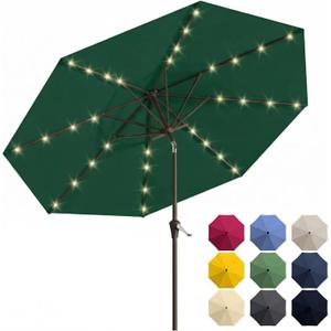 10FT Solar Patio Umbrella with Lights, Outdoor Table Market Umbrella with 32 LED Lights, 8 Sturdy Ribs, Push Button Tilt and Crank for Pool, Deck and Garden, UV-Resistant