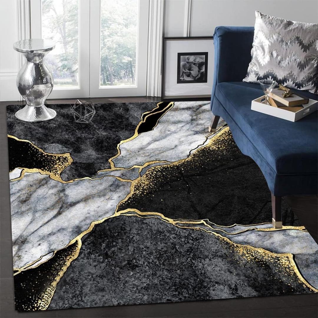 Modern Aesthetic Grey Black Gold Marble Abstract Area Rug 5x7 Non-Shedding Soft Rug for Livingroom Bedroom Diningroom Indoor Office Kitchen Floor Carpet (Z1)