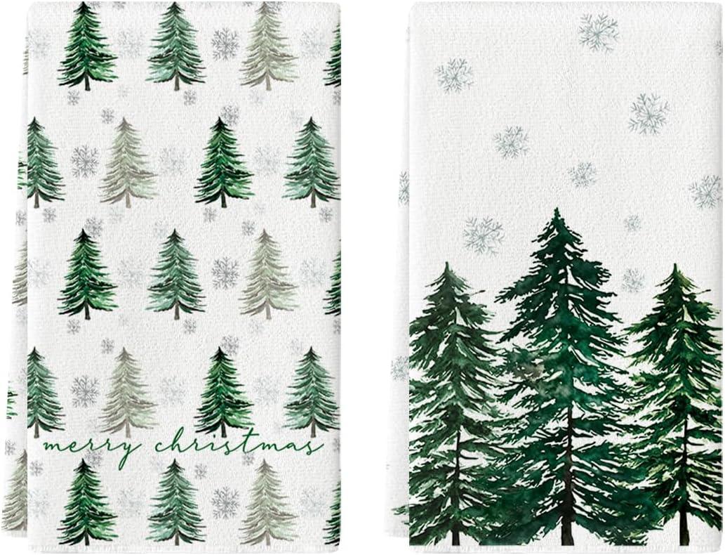 Artoid Mode Xmas Tree Merry Christmas Kitchen Towels Dish Towels, 18x26 Inch Holiday Snowflakes Winter Decoration Hand Towels, Set of 2