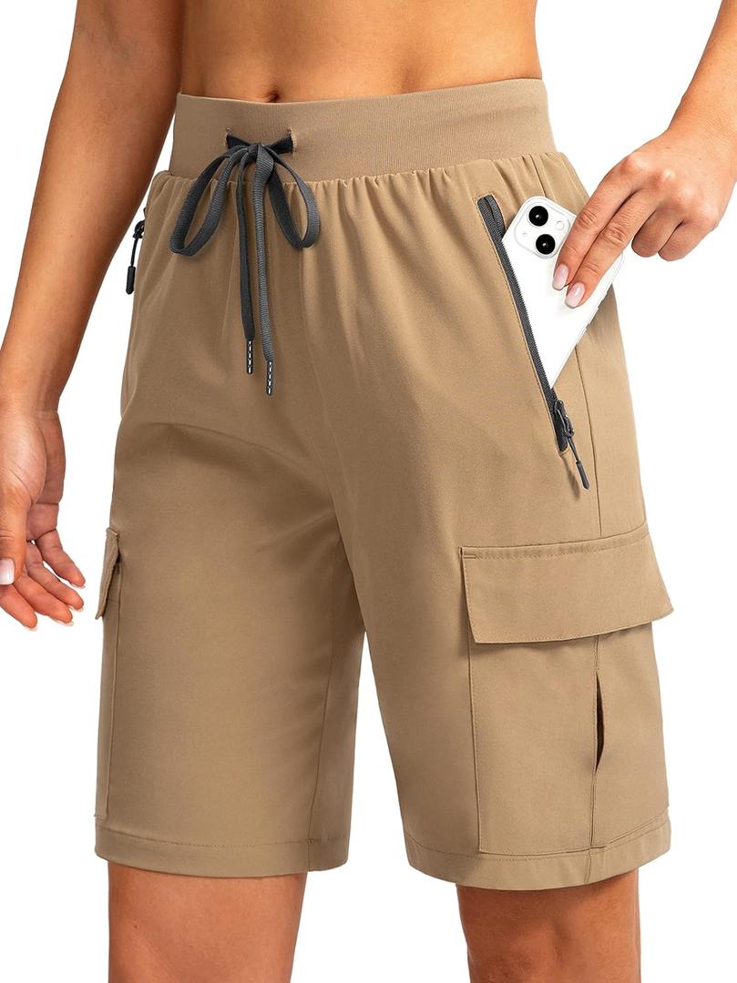 Soothfeel Women's 9" Hiking Cargo Shorts with 5 Pockets Quick Dry Summer Athletic Golf Bermuda Long Shorts for Women Casual (3X-Large, Dark Khaki)