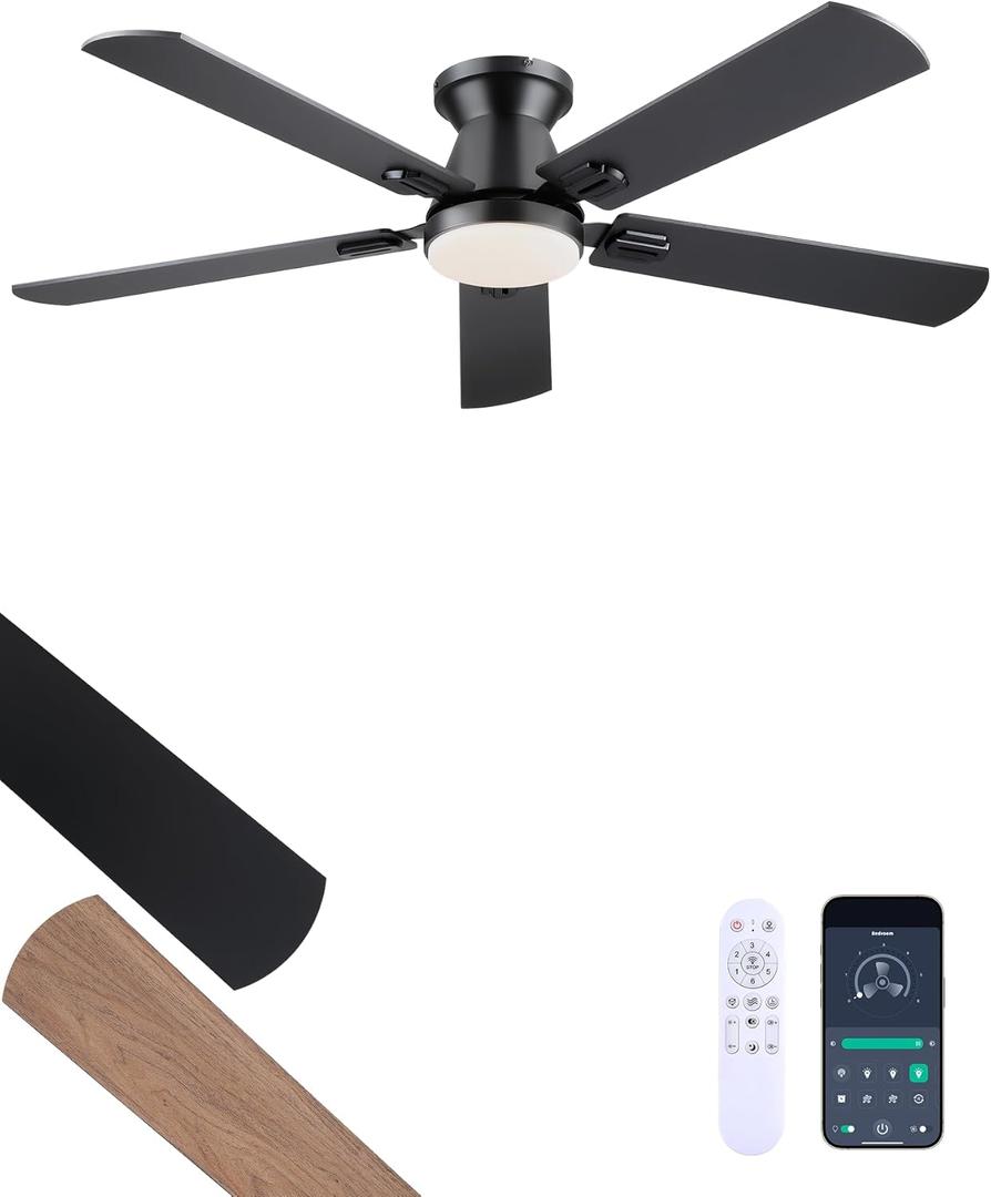 Ceiling Fans with Lights, 52'' Low Profile Ceiling Fan with Light and Remote/APP Control, Dimmable, Qiuet DC Motor, Flush Mount Ceiling Fan for Indoor Bedroom Living Room, Black