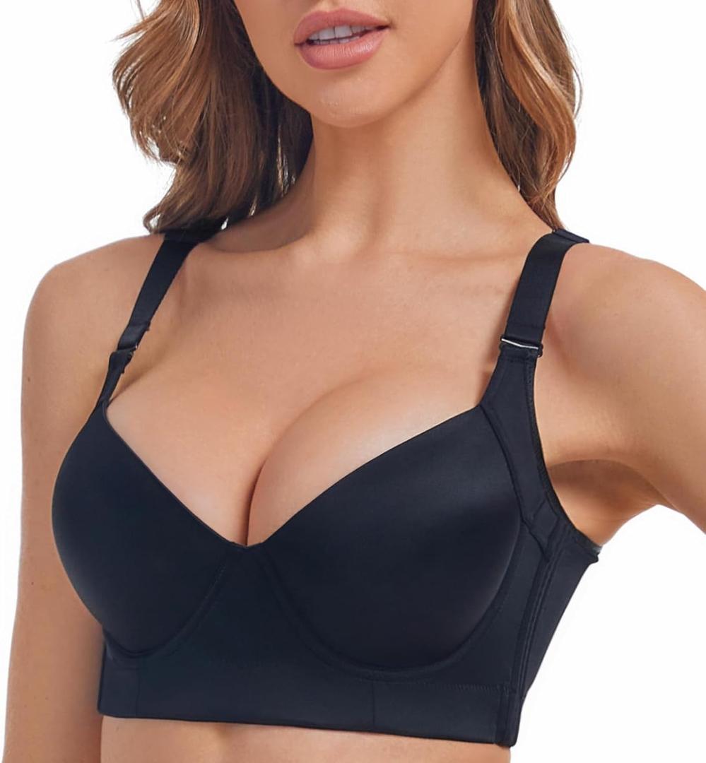 Bras for Women Push Up Bra Back Fat Smoothing Bra Comfort Lightly Padded Underwire Support T-Shirt Bras (Black), 34C