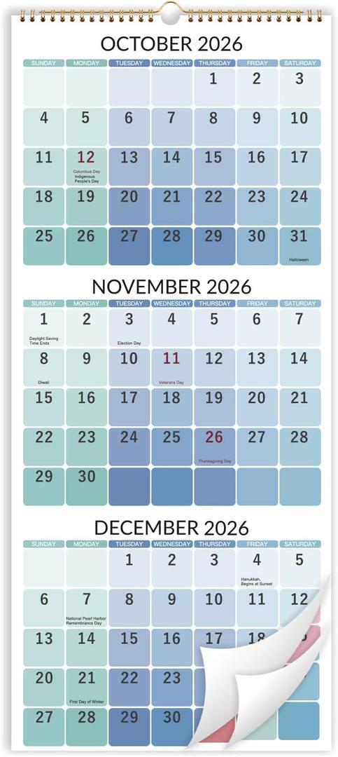 2026 Wall Calendar - 3 Month Wall Calendar 2026 Vertical, Dec. 2025 - Jan. 2027, 11.3" x 26", Calendar 2026, Lay - Flat, Holidays, Blocks