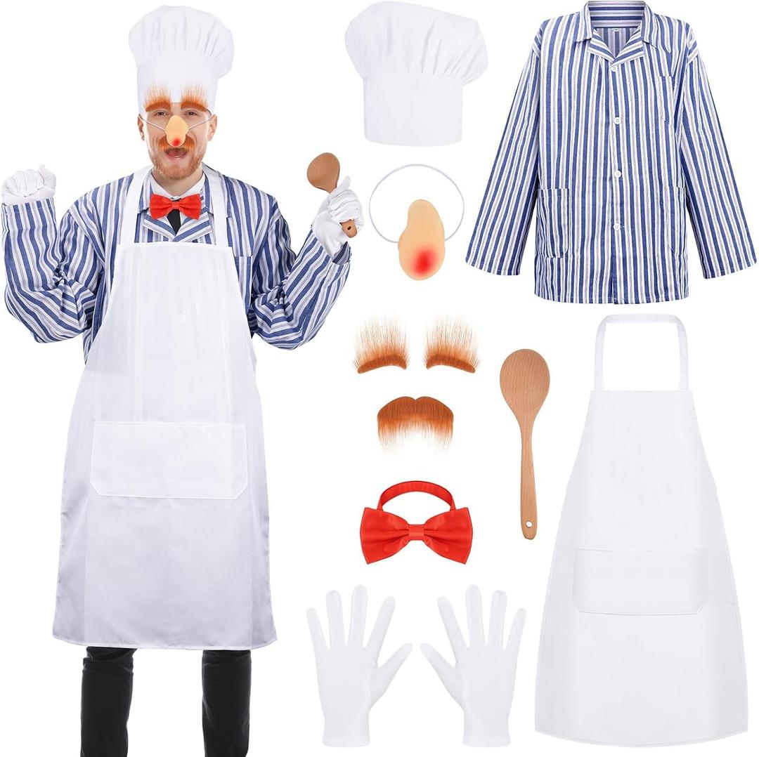 Halloween White Swedish Chef Costumes 8 Pieces Set Including Chef Hat Fake Nose Eyebrows Beard Red Bow Tie Apron Striped Shirt Gloves Wooden Spoon for Men Women Party Dress Up Costume