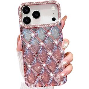 for iPhone 17 Pro Max Glitter Bling Case,Cute Luxury 3D Sparkle Rhinestones Flowers Diamond Soft TPU Plating Bumper Shockproof Women Girls Slim Protective Case for iPhone 17 Pro Max 6.9",Pink