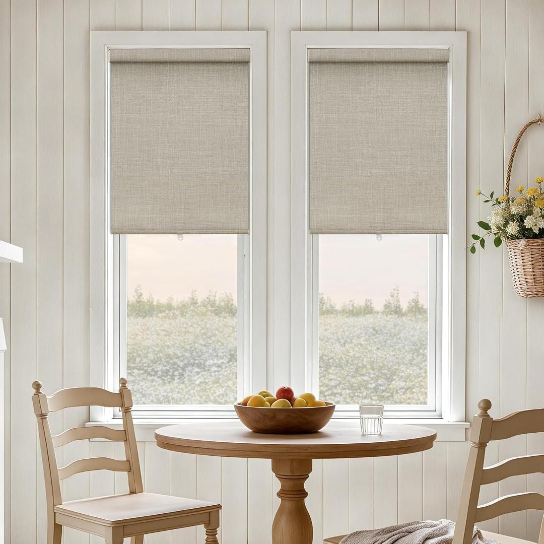 Cordless Roller Shades Blackout Blinds for French Door Room Darkening Rolled Up Shades with Linen Valance, UV Protection Narrow Window Shades Blinds for Bedroom Home and Office Beige 24" W x 72" H