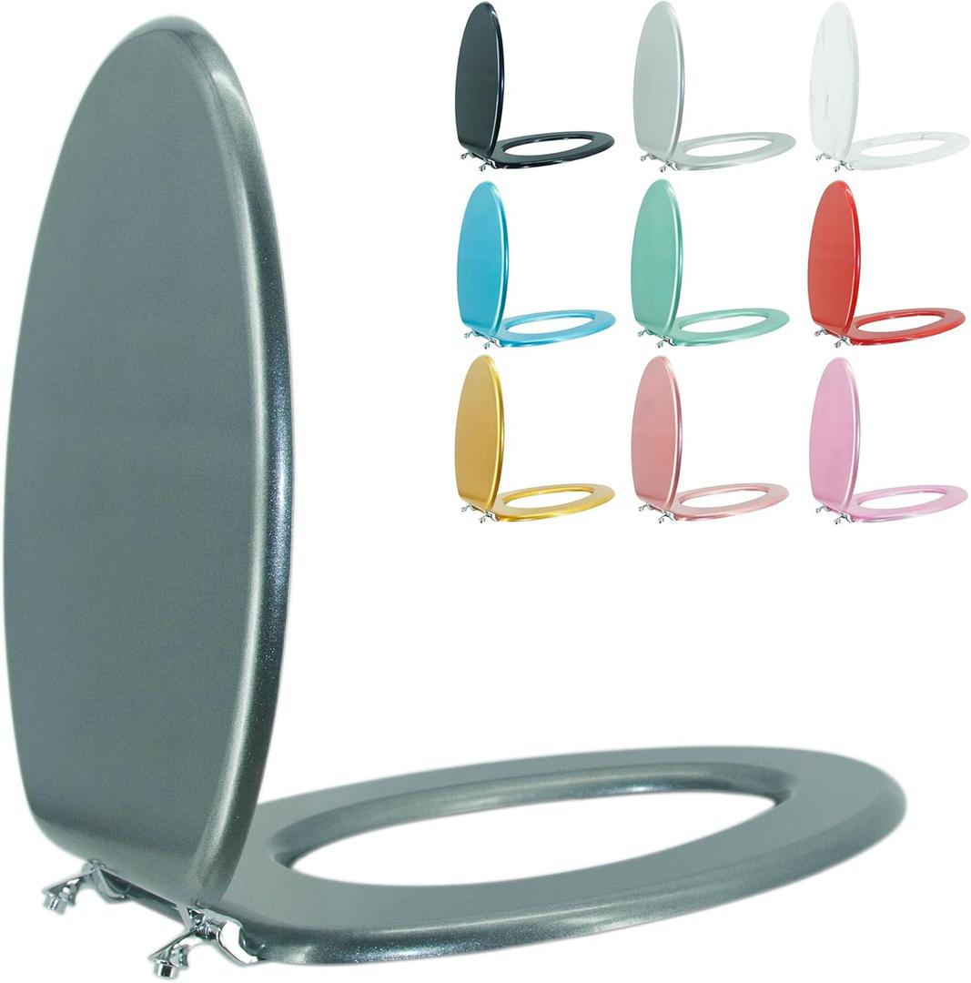 Elongated Toilet Seat Wood Toilet Seat Prevent Shifting with Zinc Alloy Hinges American Standard Size Toilet Seat Easy to Install also Easy to Clean(Elongated,Sparkling Gentleman Grey)