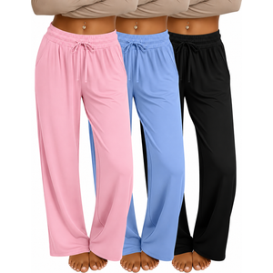 Neer 4 Pack Women's Plus Size Lounge Pants, High Waisted Wide Leg Front Seam Sweatpants Yoga Casual Baggy Pants with Pockets, 2XL - Pink, Black, Blue