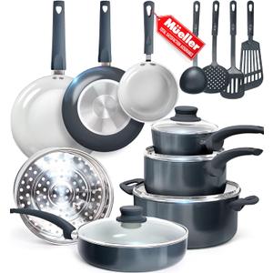 Mueller 16-Piece Healthy Stone Pots and Pans Set Non Stick, Non Toxic Ceramic Cookware Set, Dishwasher Safe, w Frying Pans, Sauce Pan, Steamer, Vac-Free Vented Glass Lids, Kitchen Utensils, Slate