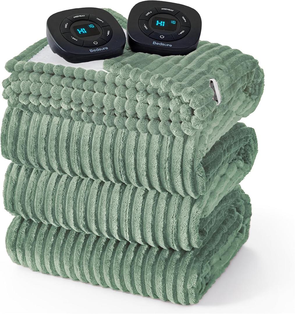 Bedsure GentleSoft Electric Blanket King Size - Soft Ribbed Flannel Heated Blanket with Dual Control, Heating with 10 Heat Settings & 10 Time Settings, 8 hrs Timer Auto Shut Off (90x100 inches, Green)