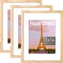 upsimples 11x14 Picture Frame Set of 3, Made of High Definition Glass for 8x10 with Mat or 11x14 Without Mat, Wall and Tabletop Display Photo Frames, Natural