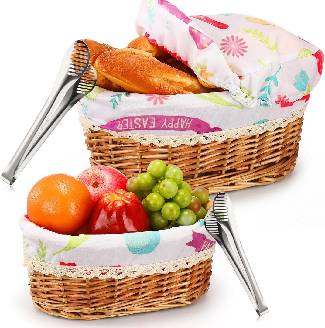 Ziliny 2 Set 11" 12" Wicker Bread Basket for Serving Large Woven Bread Baskets with Removable Liner and Cover Tongs for Fruit Picnic Party Housewarming Gift(Natural with Easter Egg Cover)