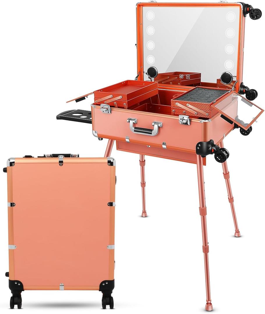 Aluminum Trolley Makeup Train Case with Led Light Rolling Makeup Case with Legs Suitcase Vanity with Lights with Stand Mirror Makeup Vanity Station (24 in, Golden)