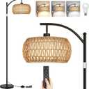 ROTTOGOON Boho Floor Lamp with Dimmable Bulb, Rattan &Linen Double Shades, Boho Standing Tall Lamps with Foot Switch, Bohemian Floor Lamps for Living Room, Bedroom, Office (Black + Brown shade)