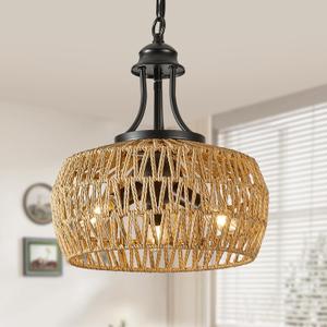 Rattan Pendant Light for Dining Room, 3-Light Boho Chandelier with Twine Making Lampshade, Adjustable Height Rattan Chandelier, Vintage Pendant Lighting for Kitchen, Bedroom.(Brown)