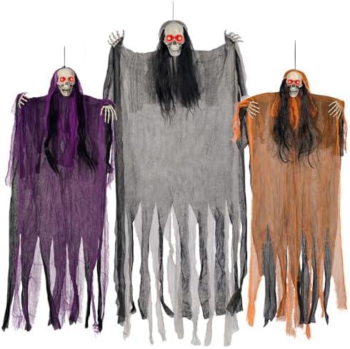 Halloween Decorations,3 Pack Halloween Hanging Skeleton Ghosts with Lighted Up Eyes,Scary Colourful Cloth Grim Reapers for Indoor,Outside Yard Lawn,Haunted House Prop,Party Supplies